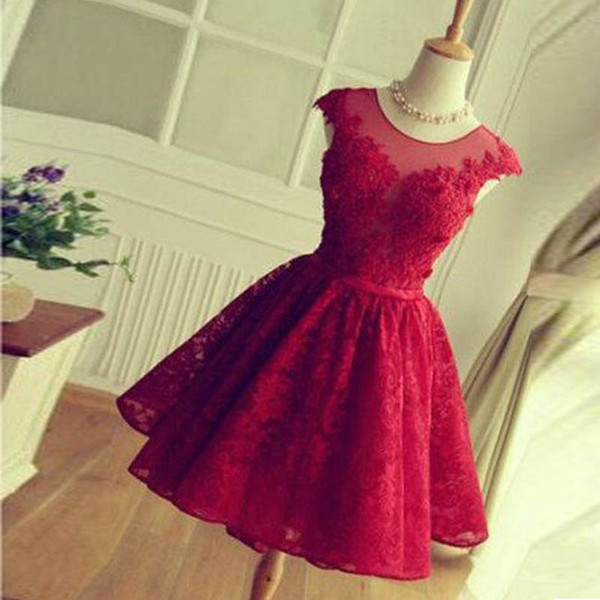 A-line round Sheer Neck Short Red Lace Prom Dress Sleeveless Bridesmaid Dress Simple Knee Length Hollow Back with Lace-up Homecoming Dresses