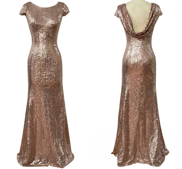 Sequined Real Images Mermaid Bridesmaid Dresses Backless Short Sleeves Floor Length Wedding Party Dress Pleats Maid of Honor Party Gowns