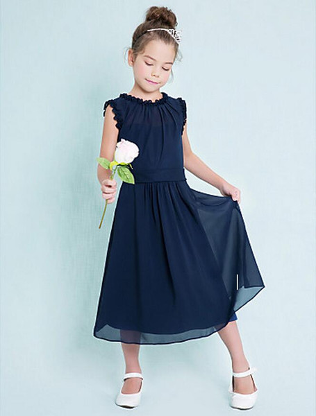 Custom Made Dark Navy Junior Bridesmaid Dresses Cheap Column Jewel Sleeveless A-Line Ruffles Zipper Back 2016 Flower Girl Dresses