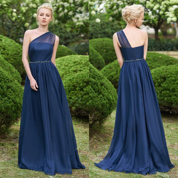 Dark Navy Junior Chiffon Bridesmaids Dresses Garden Boho Wedding Guest Party Gowns A Line Sheer One Shoulder Long Maid of Honor Wear BM0148