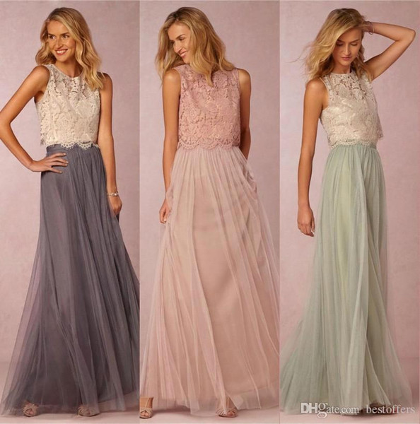 Vintage Two Pieces Crop Top Bridesmaid Dresses Tulle Ruched Burgundy Blush Mint Grey Maid of honor Gowns Lace Wedding Party Dresses BA2276