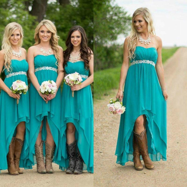 Turquoise Chiffon Sweetheart Bridesmaid Dresses Country High Low Beaded Belt Maid Of Honor Dress Evening Party Gowns Formal Prom Dress
