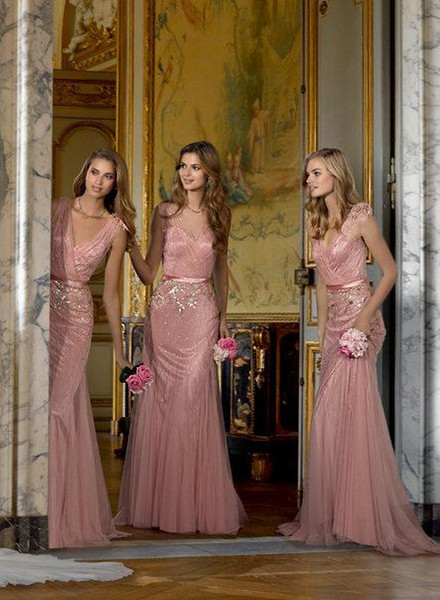 Coral Appliques Tulle Floor Length V-Neck Long Bridesmaid Dresses Pleats 2015 Mermaid Plus Size Convertible Dresses Maid of Honor Custom