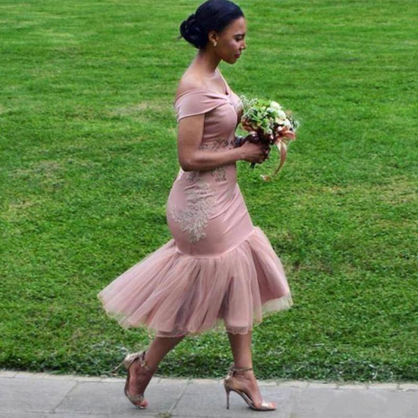 Dusty Pink African Mermaid Bridesmaid Dresses Sexy Off The Shoulder Tea Length Maid Of Honor Gowns Short Cocktail Dresses