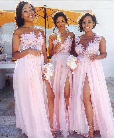 Sheer Pink Long Lace Bridesmaid Dresses Applique Pleats Floor Length Front Split Cap Sleeve Chiffon Wedding Formal Evening Party Gowns B86