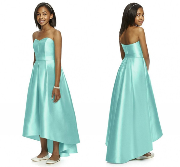 Mint Green Junior Bridesmaid Dresses Strapless Sleeveless Hi-Lo Long Satin With Belt Cheap Bridesmaid Dresses
