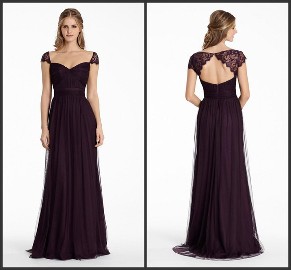 Bridesmaids Dresses 2015 Plum English Net A Line Long Sweetheart Neckline Formal Party Dress Lace Cap Sleeve Keyhole Zipper evening dresses