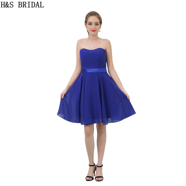 Cheap Royal Blue Chiffon Bridesmaid Dress Knee Length Simple Style Strapless Sale Party Prom Dresses B051