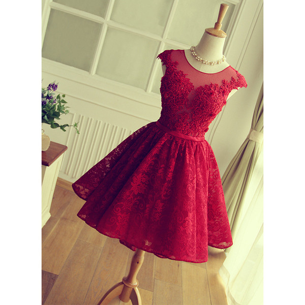Simple Knee Length Junior Bridesmaid Dresses A line Sheer Neck Burgundy Lace Prom Dress Sleeveless Lace Up Graduation Homecoming Dresses