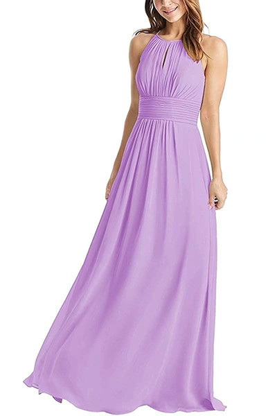 Fashion Pleated Design Halter Neck Party Dresses Chiffon Floor Length A-Line Bridesmaid Dress