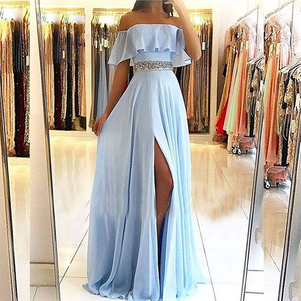 Sexy Straples Light Blue Sleeves Evening Dresses Long 2018 Chiffon Beading Belt A-line Prom Dress Women Party Gowns Bridesmaid Dresses