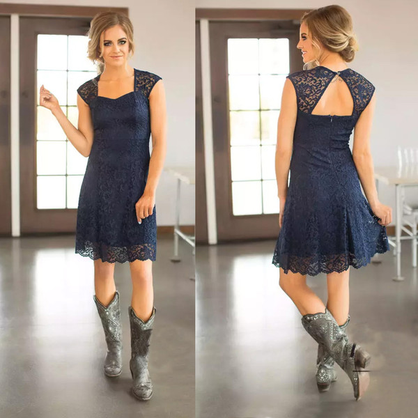 Short Navy Blue Lace Bridesmaid Dresses Capped Sleeves Knee Length Maid of Honor Gowns Cheap Country Bridesmaid Dress