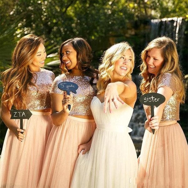 2017 cheap Bridesmaid Dresses sequin capped tulle short sleeves skirt two piece beach wedding guest Dress graduation dress
