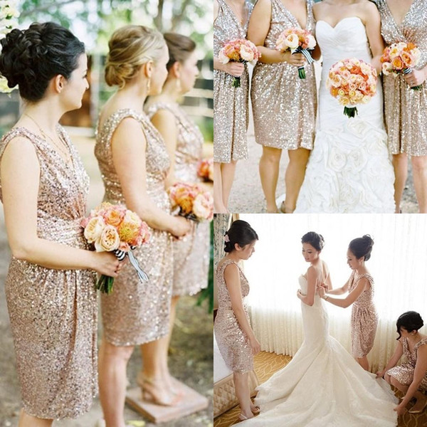 Bling Rose Gold Cheap 2015 Bridesmaid Dresses Short Sleeve Sequins Backless Knee Length Beach Wedding Gown Bridesmaid dresses Short