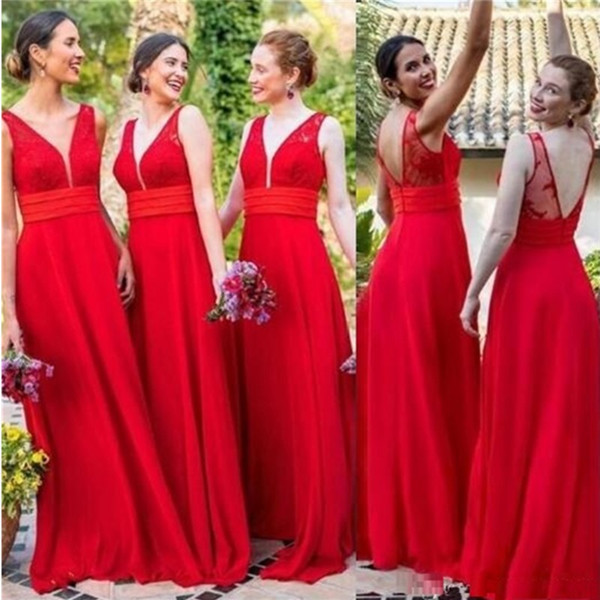Red Chiffon V Neck Sexy Bridesmaid Dresses Cheap Backless Wedding Guest Dress Long Floor A Line Party Prom Formal Gowns