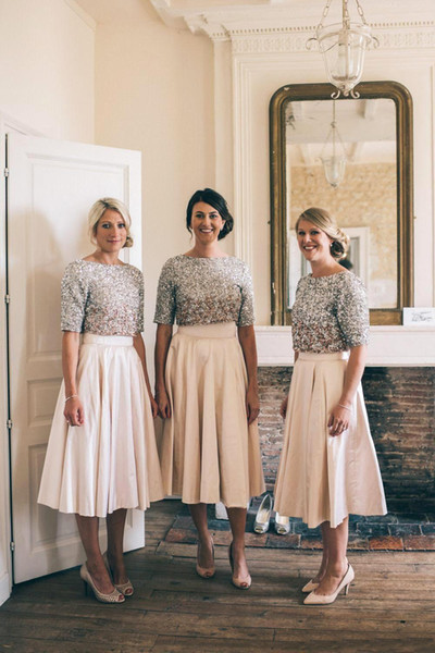 Tea Length Blush Two Piece Bridesmaid Dresses Country A-Line Sequin Top Elastic Satin Skirt Half Sleeves Wedding Party Maid of Honor Dresses