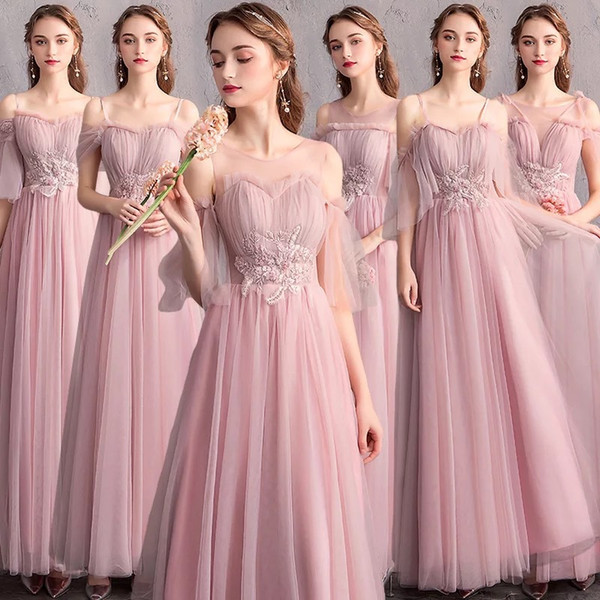 2019 Pink Cheap Long Bridesmaid Dresses Mixed Neckline Chiffon Summer Lace Formal Prom Party Maid Of Honor Dresses Custom Navy Royal Blue