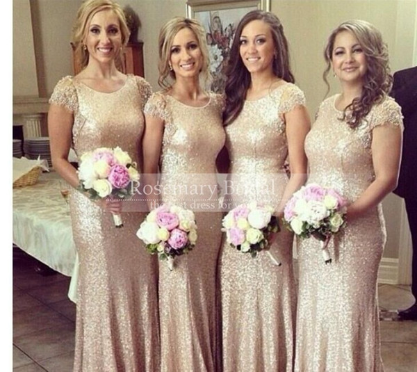 2016 New Style Short Sleeves Champagne Sweep Train Long Mermaid Bridesmaid Dresses For Cheap Floor Length Sequins Elegant bridesmaid Dress
