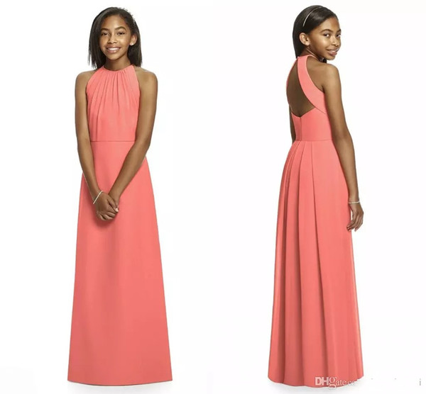 Coral Junior Bridesmaid Dresses Halter Sleeveless A Line Floor Length Long Open Back Cheap Beach Bridesmaid Dress