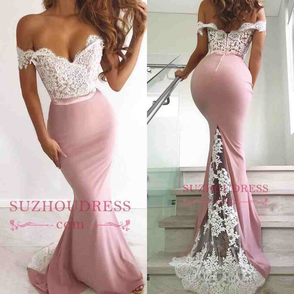 White Lace Top Pink Skirts Junior Bridesmaid Dresses Off THe Shoulder Mermaid Long Bridesmaids Prom Gowns Cheap BC0359