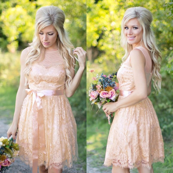 2017 Charming Short Lace Junior Bridesmaid Dresses with Sash Crew Neck Mini Dresses Country Garden Beach Backless Wedding Reception Dresses