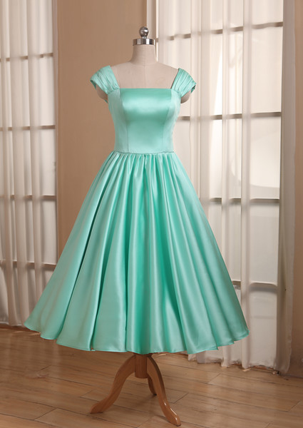 Vintage Short Wedding Dresses Straight Neckline A-Line Tea Length Bridal Gowns Custom Made Mint Green Bridemaid Dresses RLL0005