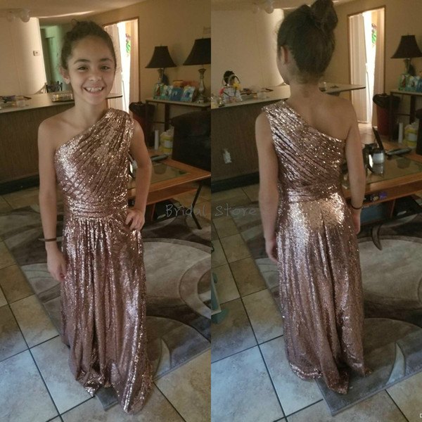 Sparkly Rose Gold One Shoulder Sequins Junior Bridesmaid Dresses Pleat Floor Length Formal Evening Gowns Summer Cute Maid Of Honor Dresses