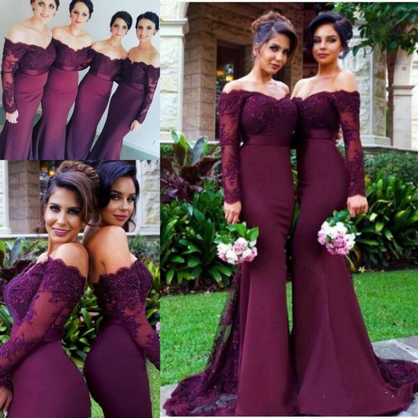 Burgundy Satin Mermaid Long Bridesmaids Dresses 2017 Appliques Party dress Long Sleeve Bridesmaid dresses