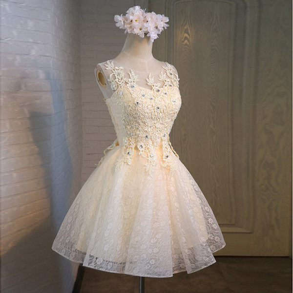2017 Champagne New Arrival Short Wedding Dresses bridesmaid dresses Knee Length Wedding Gown Lace-up With Bead
