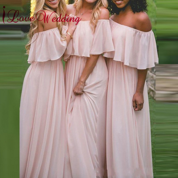 Hot Sale 2018 Off the Shoulder Pink Chiffon Custom made A Line Formal Long Junior Bridesmaid Dresses