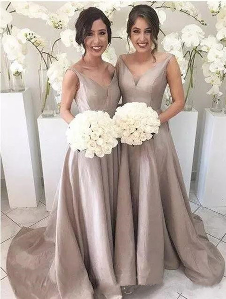 Simple Bridesmaid Dresses A Line Sleeveless V Neck Floor Length Sweep Train Garden Wedding Guest Party Gowns Under
