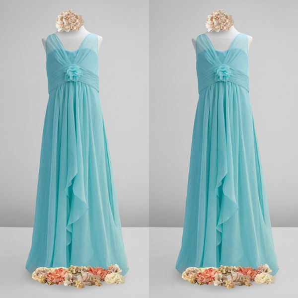 New Pattern Junior Bridesmaid Dresses V Neck A Line Floor Length Blue Chiffon Little Girls Bridesmaid Dresses with Hand-made Flower