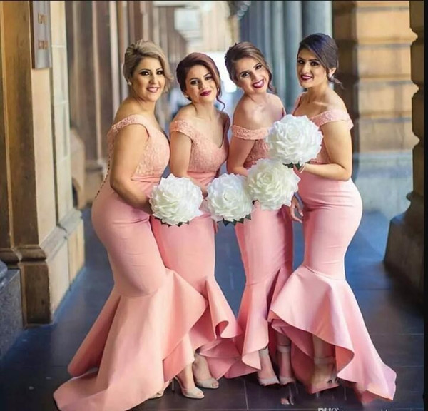 pink mermaid off-the-shoulder satin lace capped sleeve back covered button hi-lo ruffle beach bridesmaid dress wedding guest dress