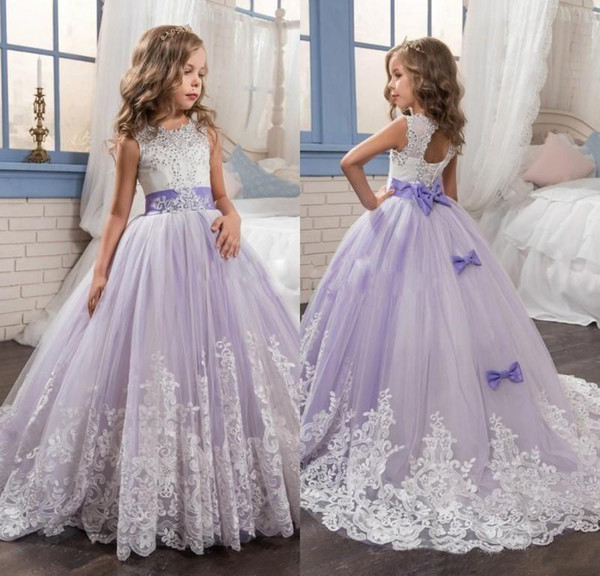 Beautiful Purple and White Flower Girls Dresses Beaded Lace Appliqued Bows Pageant Gowns for Kids Wedding Party