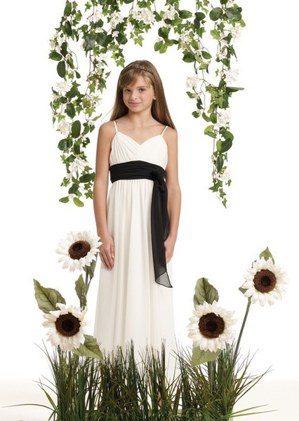 High Quality A Line Sweep Train Ivory Chiffon Black Sashes Low Price Junior Bridesmaid Dresses Flower Girls Dresses
