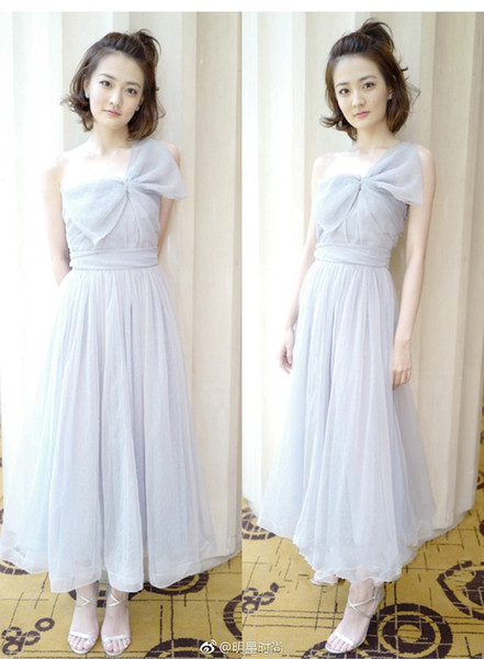 Free Delicate Asymmetrical French grey One-Shoulder Sexy Back Net/Tulle Anke length Bows Junior A-line Party Bridesmaid Dresses m92