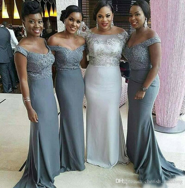 Cheap Off the Shoulder Grey Bridesmaid Dresses 2017 Plus Size African Maid Of Honor Gowns Junior Formal Wedding Guest Dress Short Sleeves