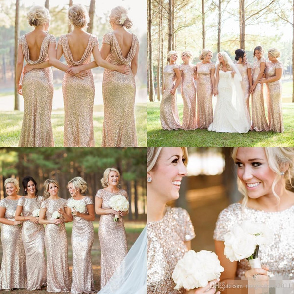 Gorgeous Rose Gold Cheap 2015 Mermaid Bridesmaid Dresses 2016 Short Sleeve Sequins Backless Long Beach Wedding Party Gowns Gold Champagne