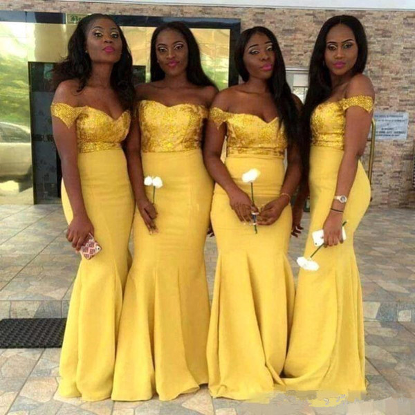 Yellow Sequined Mermaid Junior Bridesmaid Dresses African Off Shoulder Sequins Long Plus Size Wedding Party Dress Maid of Honor Gowns