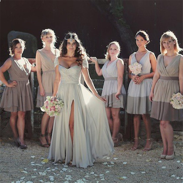 Beacd Romantic Short Sleeve Bridesmaid Dress 2017 Hot Sale Gray Beading Boho Chiffon Long Wedding Party Dress