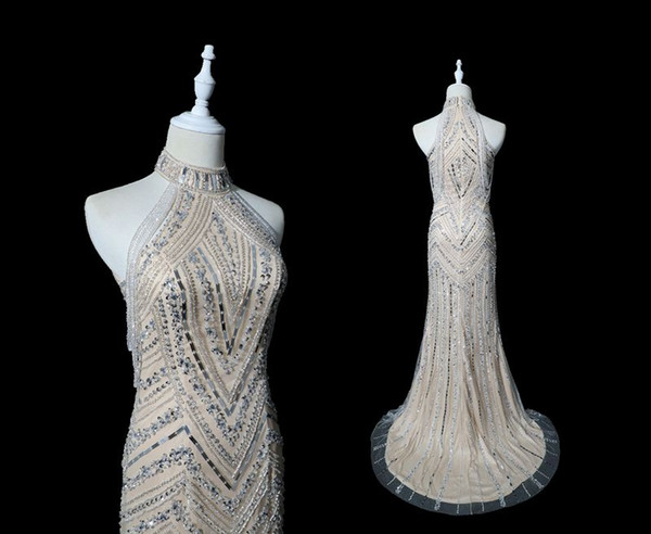 Heavy handwork evening dress female skirt new luxury diamond hanging neck dress Toast clothing Evening party noble Annual meeting host
