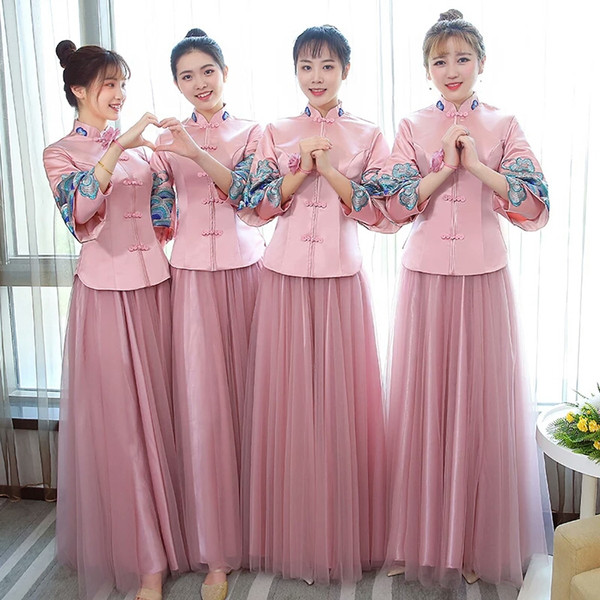 Chinese bridesmaid dress winter new collared pink bridesmaid group bride wedding long sister skirt show thin female