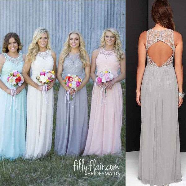Cheap Grey Lace Country Bridesmaid Dresses Crew Neck Sexy Beach Bridesmaids Dress Long Wedding Party Dress Maid Of Honor Party Gowns
