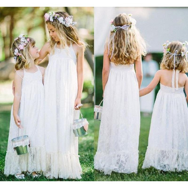 White Lace Junior Bridesmaids Dresses Halter Empire Long Little Girls Wedding Party Gowns Cheap 
