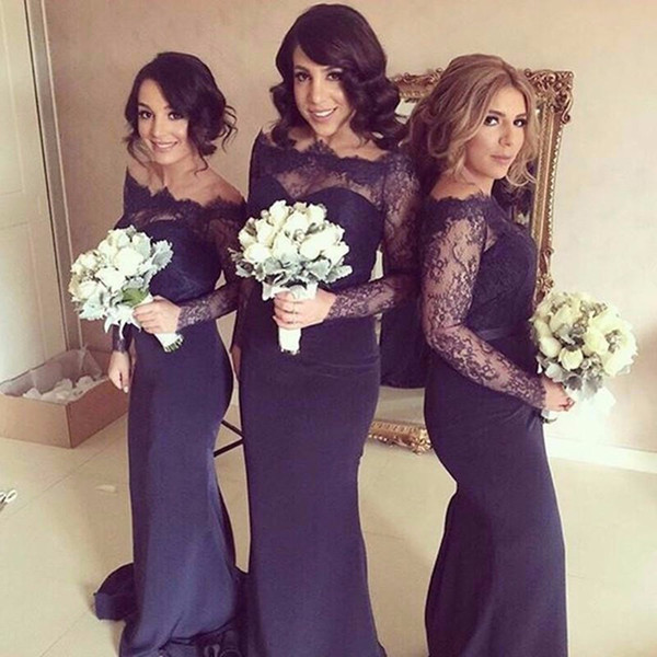 Elegant Mermaid Dark Bridesmaid Dresses Empire Long Sleeve Bridesmaid Dress Boat Neck Lace Satin Bridesmaid Gowns