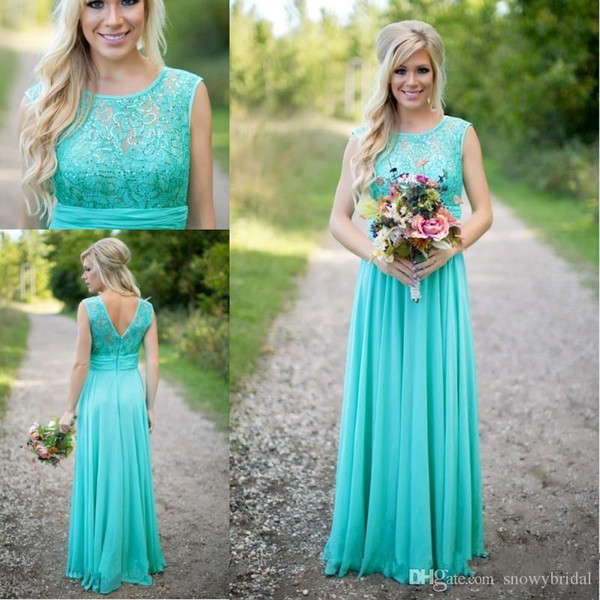Turquoise Country Bridesmaid Dresses Cheap Scoop Neckline Chiffon Lace V Backless Long Bridesmaid Dresses for Wedding