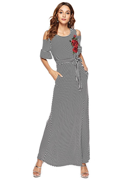 Short Sleeve Stripe Party Dress Embroidery Long Casual Dresses