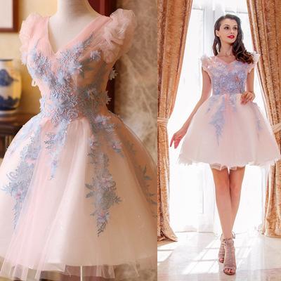 NEW DESIGN PUFF SLEEVE PINK EMBROIDERY LACE UP SHORT V-NECK BRIDESMAID DRESS RA150001 SUITABLE FOR LADY