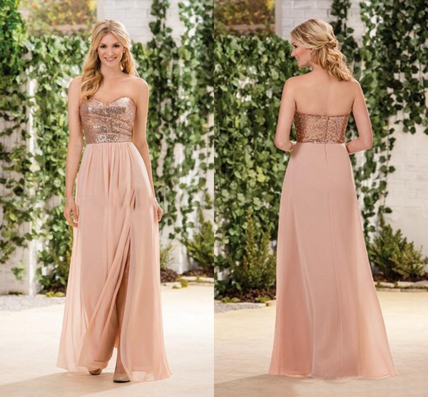 Long Cheap Rose Gold Bridesmaid Dresses A-Line Sequins Top Chiffon Side Split Sweetheart Wedding Party Maid of Honor Dresses Plus Size