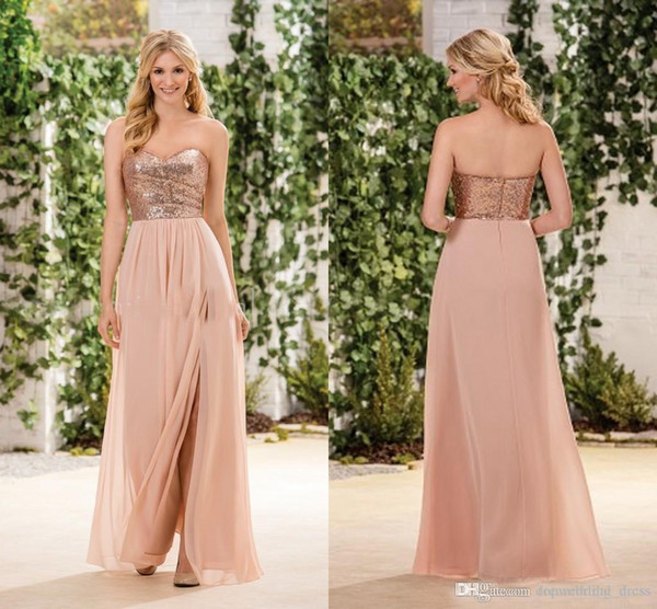 Long Cheap Rose Gold Bridesmaid Dresses A-Line Sequins Top Chiffon Side Split Sweetheart Wedding Party Maid of Honor Dresses Plus Size